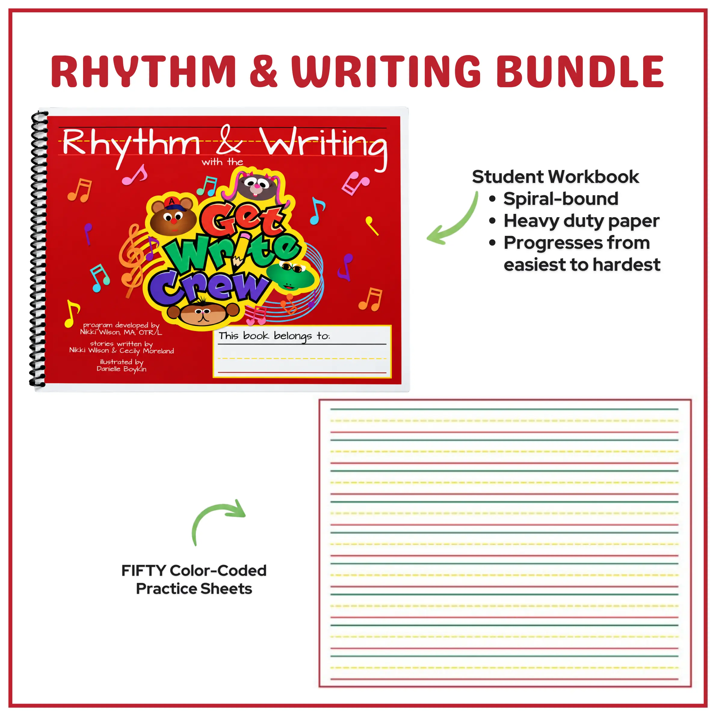 Rhythm & Writing Student Workbook + Handwriting Practice Sheets Spiral-bound Heavy Duty Paper 50 Color-Coded Sheets for Kids Learning Resources
