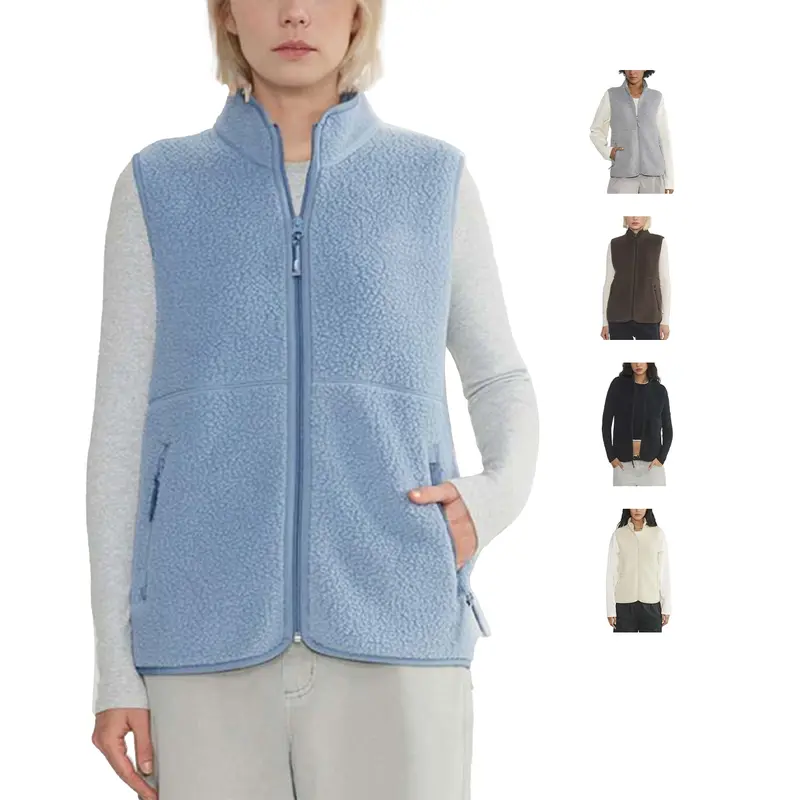 Hixiaohe Women's Fuzzy Light Minimalist Solid Loose Sherpa Gilet - Sleeveless, Stand Collar, Full-Zip, Pocketed Pocket Zipped Vest, Warm Trendy Outwear for Going Out, Running