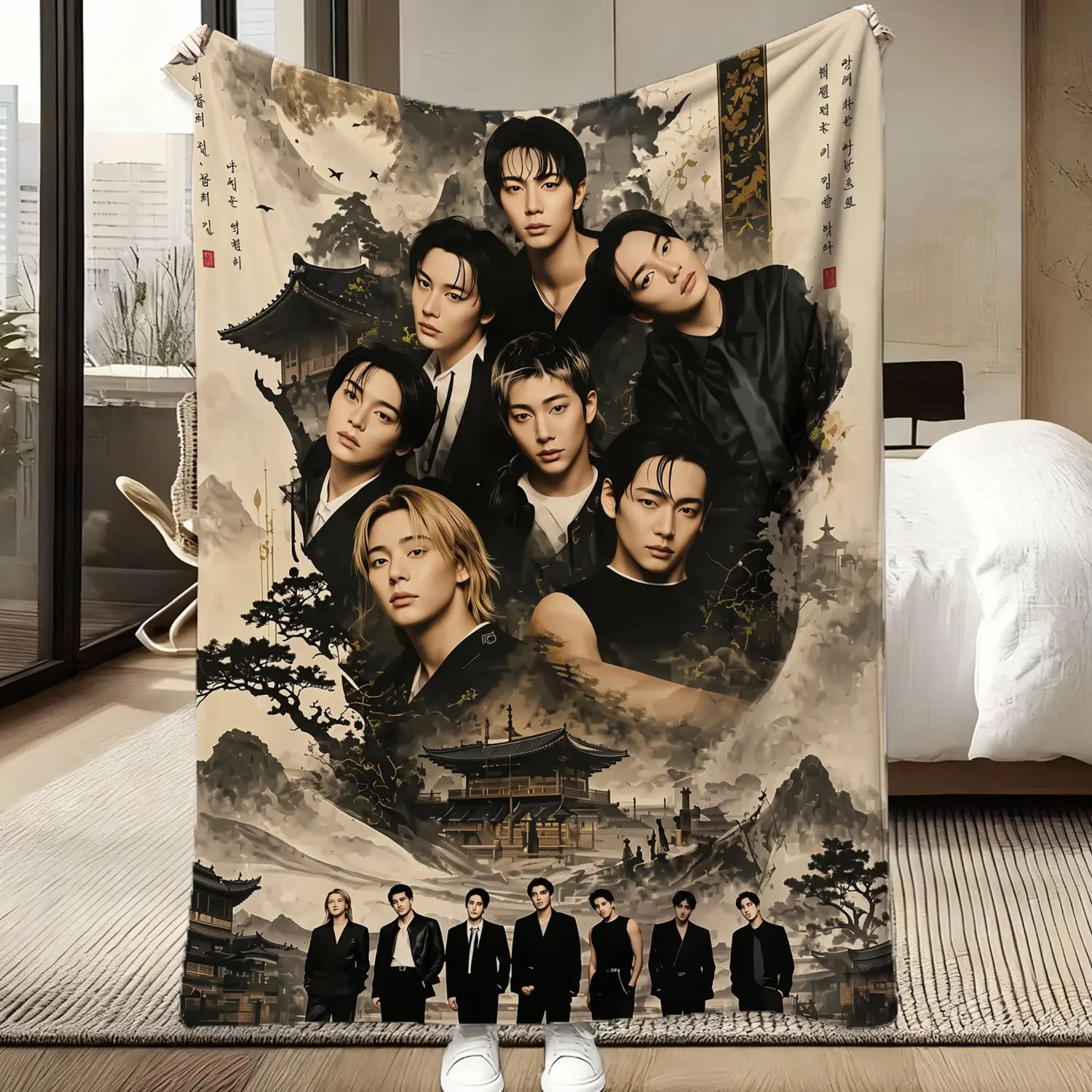 Soft Funny Throw Blanket Kpop Members Photo Collage Flannel Throw Blanket, Korean Style Vintage Portrait & Landscape Art Plush Blanket, Soft Cozy Cover for Sofa Bed Couch, Fan Room Decor Ideal Gift, Flat Weave, Living Area