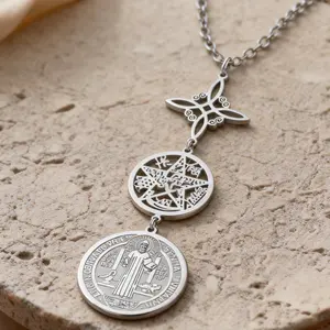 Stainless Steel Triple Protection Amulet Necklace, Culturally-Inspired Emblem Jewelry with Witch Knot, Pentagram, Tetragrammaton, St. Benedict Spiritual Symbols (Amulet Necklaces), Culturally-Inspired Necklaces