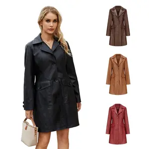 BIGWIG Women's long leather jacket, long faux leather blazer, casual lapel trench coat, leather blazer, spring and autumn long lapel single-breasted coat