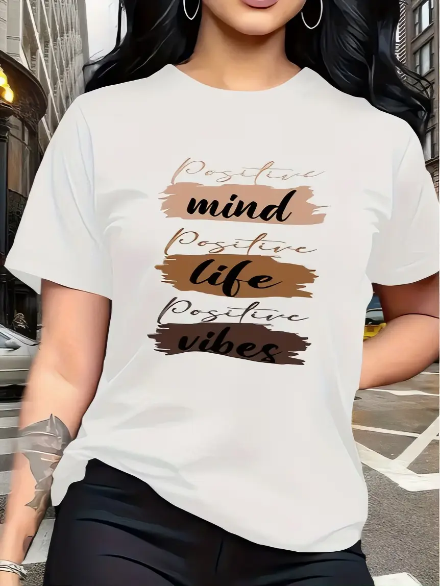 Positive Mind Life Vibes T-Shirt for Women - Casual Short Sleeve Top with Inspirational Design