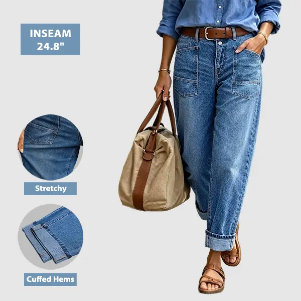 Flamingals Wash Roll Hem Mid Waist Tapered Crop Jeans Without Belt Stretchy 24.8'' Inseam