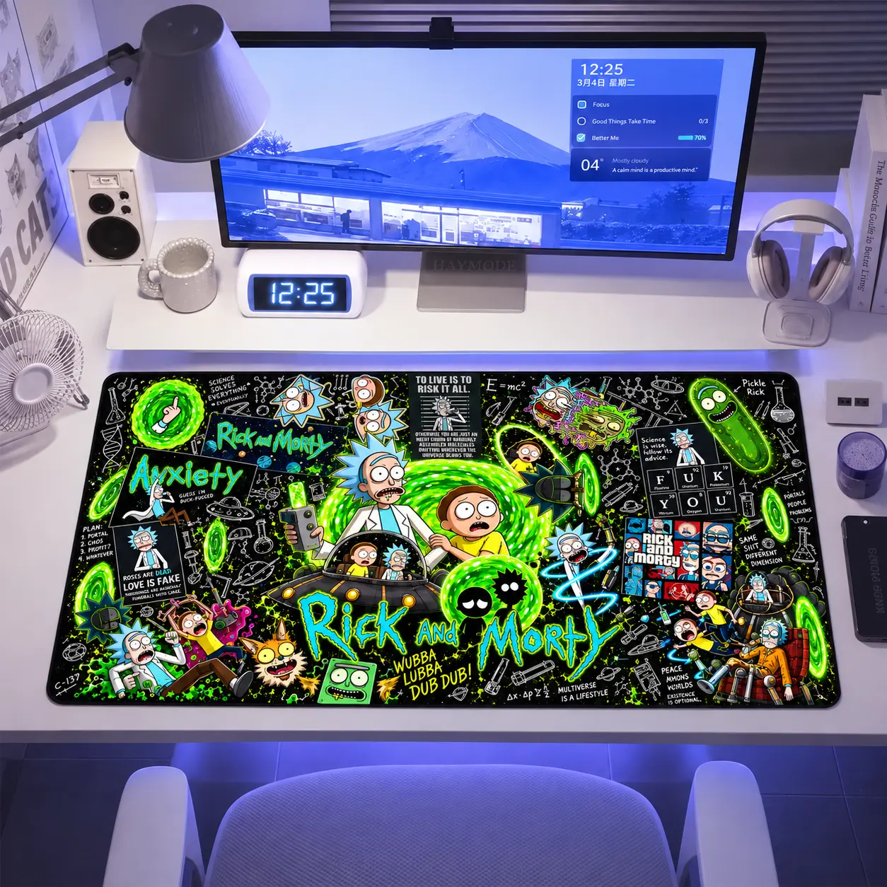 Rick And Morty Large Desk Pad, 15.7x31.5 Inch Extended Gaming Mouse Pad, Multiverse Characters & Portals Design, Non-Slip Rubber Base Stitched Edges Computer Table Mat, Cartoon & Sci-Fi Fan Gift