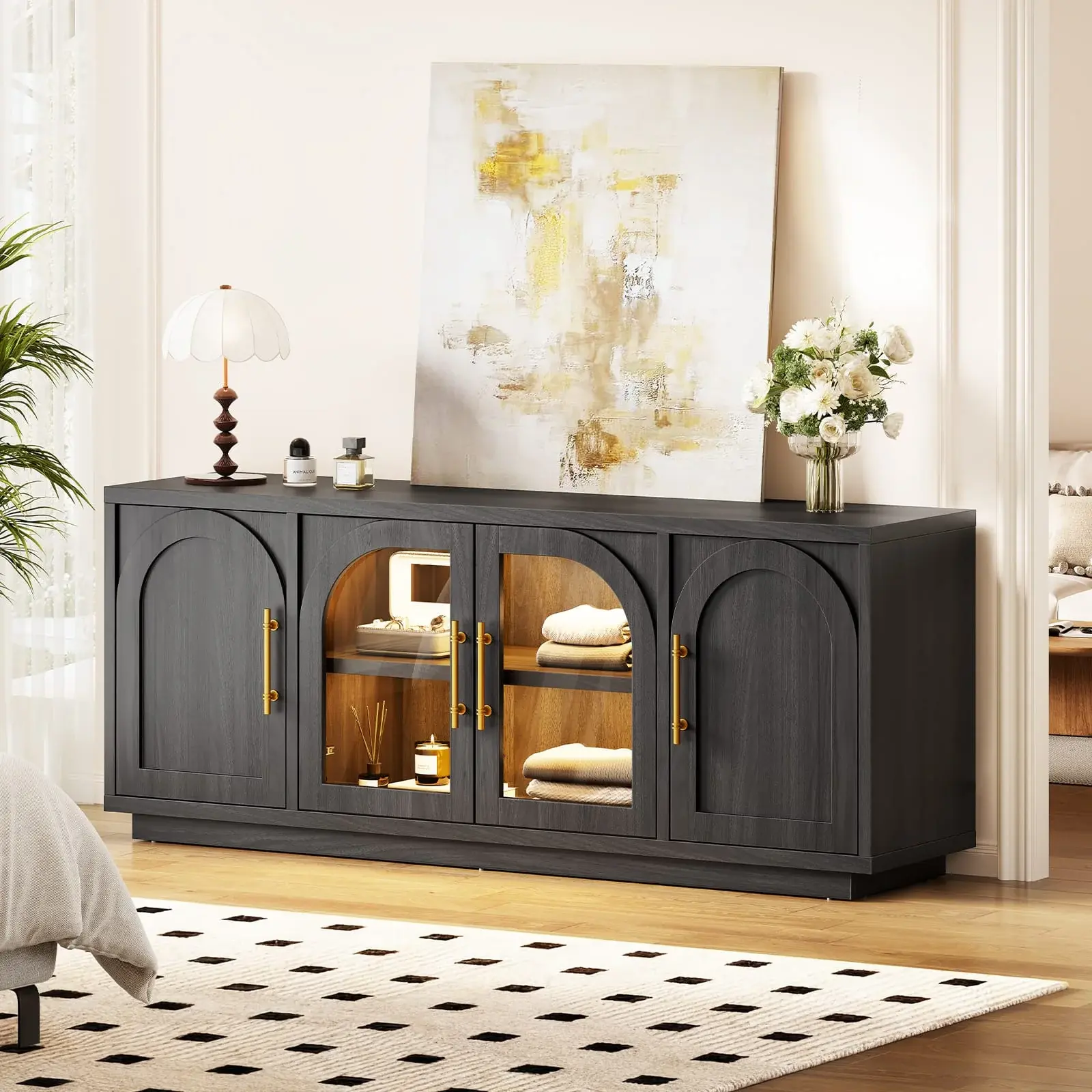 SIKAIC Matte Black Modern Multi-Layer Media Console Unit with Embedded Accent Illumination Stripes, Long Silhouette Entertainment Center Cabinet with Elegant Curved Geometric Frame for Sitting Room Placement