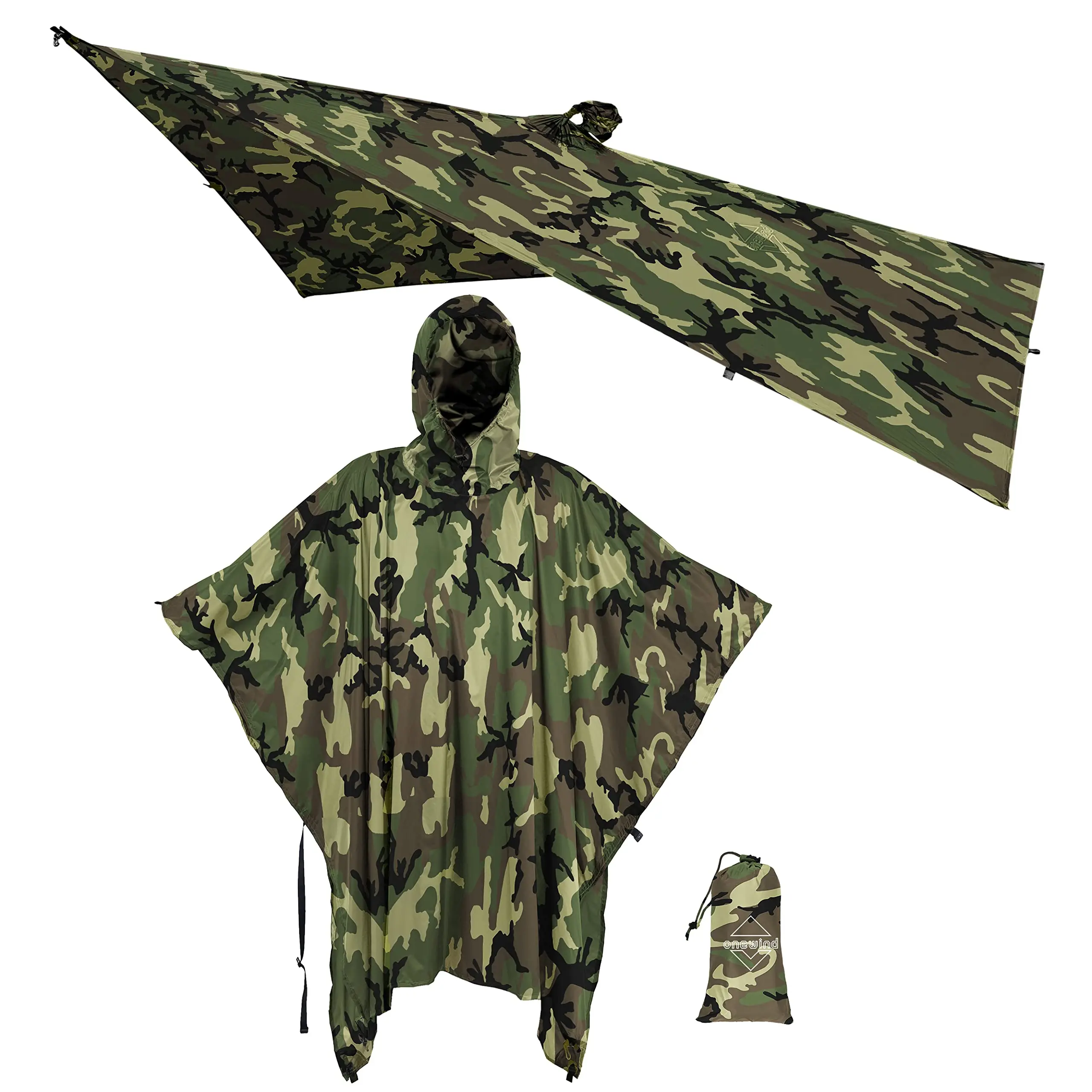 Onewind Hooded Rain Poncho - 3000mm Waterproof Silnylon, Extended Cuffs, Lightweight for Hiking & Backpacking, Unisex Survival Shelter, Nylon
