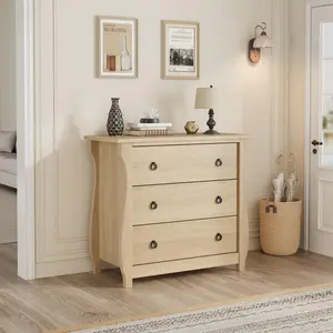 GARVEE Natural Wood 3-Drawer Dresser - Tall Boho Dresser with Curved Legs, Rattan Accents, and Freestanding Storage for Living Room, Bedroom, Entryway, or Balcony (30" L x 15.8" W x 29.3" H)
