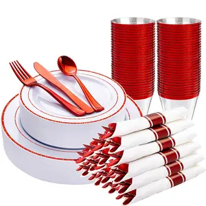 210 Piece Red Plastic Dinnerware Set, Disposable Plates for Party,Include: 30 Dinner Plates, 30 Dessert Plates, 30 Pre Rolled Napkins with Gold Silverware and 30 Gold Cups