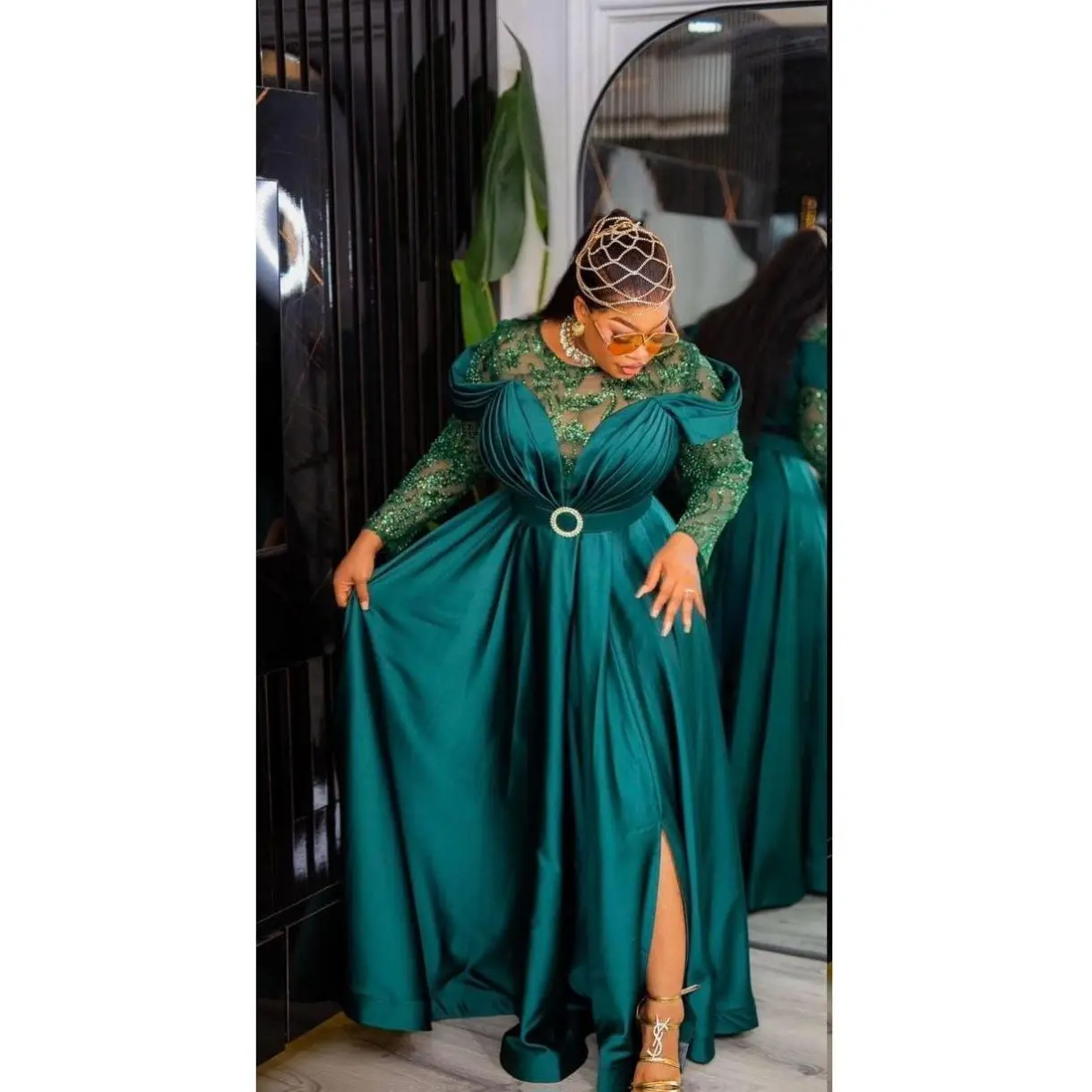 Classy Green Sequin Off-Shoulder Evening Gown Elegant Wedding Guest Maxi  Dress with Slit Plus Size