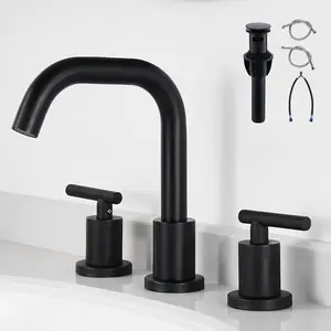 Black Bathroom Faucet 3 Holes - Two Handles Widespread 8 inch Bathroom Sink Faucet 3 count Basin Faucets 360  Swivel Spout Vanity Sink Faucet with Drain &  Hoses