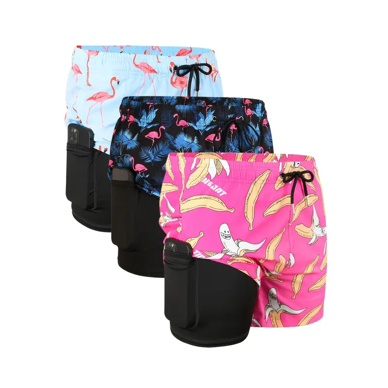 Men's Basic Casual 3-Piece Animal Print Swimmertrunks - Male Non-Stretched Polyester Fabric, Compression Liner, Regular Fit, Drawstring, Sporty Beach Bottoms, Machine Washable