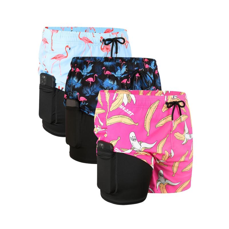 3 Pieces Pack Men's Swim Trunks with Compression Liner Beach Swim Shorts