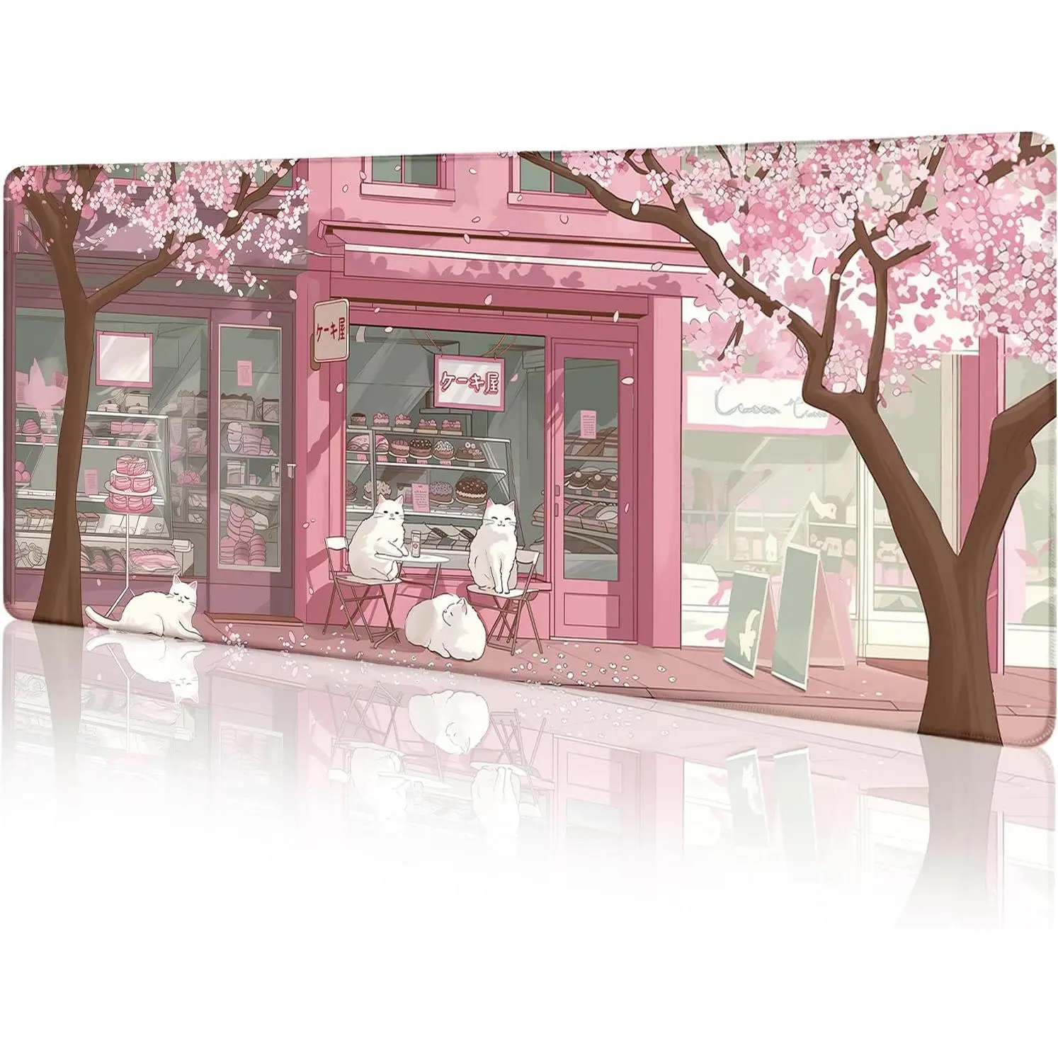 Large 24x14 in Cat Keyboard and Mouse Pad, Pink Cherry Blossom Stitched Mat with Non-Slip Base, Cute Japanese Dessert House Themed Office Desktop Accessory