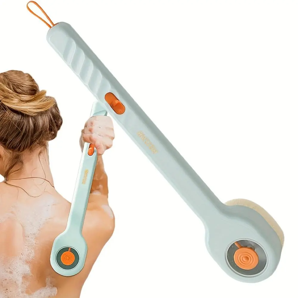 Liquid-Infused Bath Brush, Press-Type Shower Brush Unisex Long Handle Bath Brush Soft Bristle Back Scrubber No Need to Ask for Help Exfoliating Tool