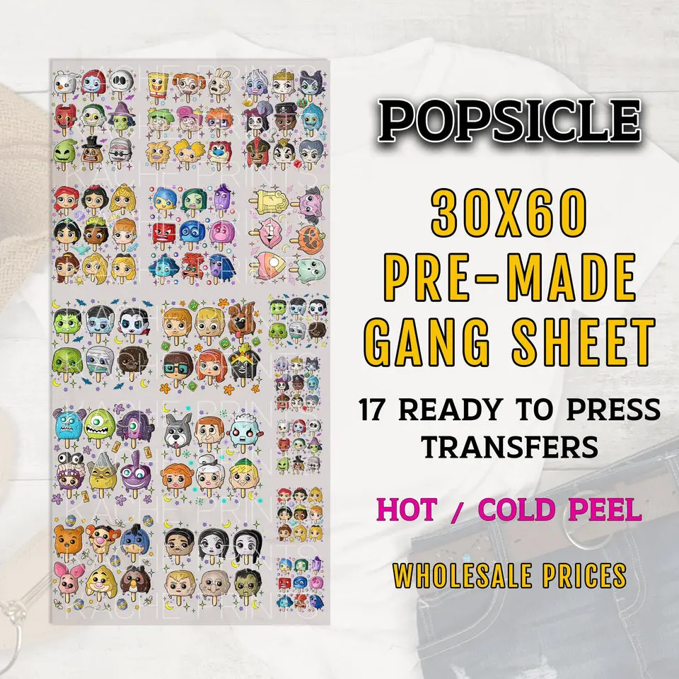 Popsicle Character DTF Gang Sheet, Character Ice Cream DTF Transfers, Halloween DTF Transfer, Spooky Friends Dtf, Summer Popsicles Ready For Press