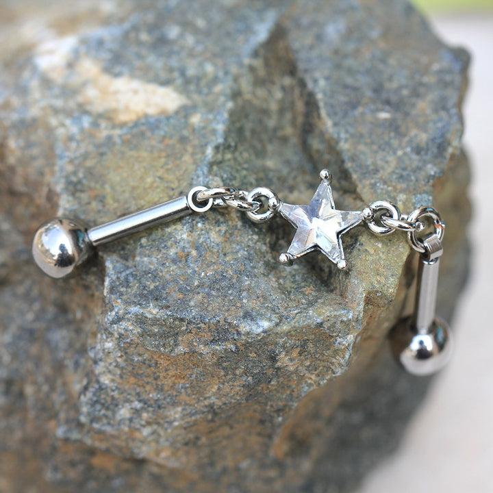 Stainless Steel 316L Prong Set Star Chain Industrial Barbell 14 Gauge 38mm Length with Cubic Zirconia Charm
