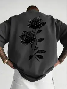 Men's Black Rose Graphic Print Crew Neck T-Shirt, Charcoal Grey Casual Short Sleeve Top, Breathable Comfortable Tee for Street Style, Streetwear & Everyday Wear