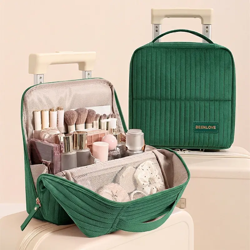 Women's Corduroy Hanging Organizer Makeup Bag - Large Capacity, Multi-Compartment Toiletry Bag with Makeup Brush Slots, Portable for Travel & Full-Size Skincare Essentials, Makeup Bags