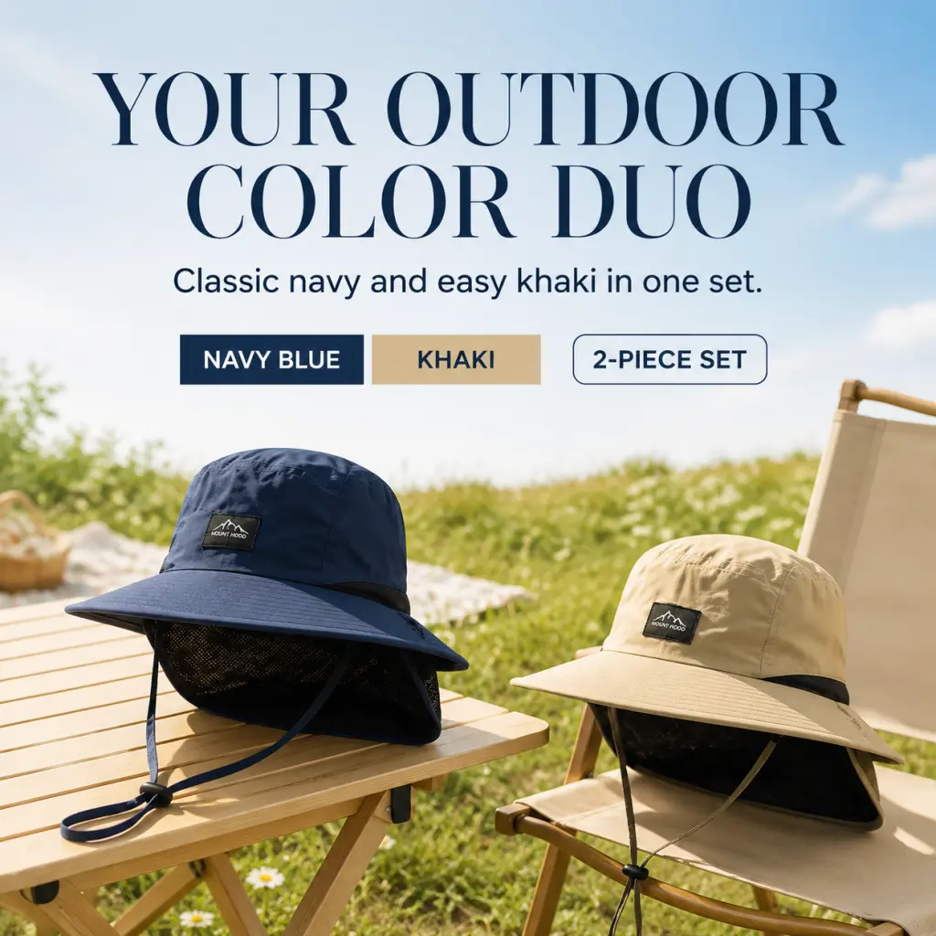 2-Pack UPF 50+ Wide Brim Sun Hat with Full Neck Flap, Foldable Adjustable Waterproof Outdoor Cap, Unisex Headwear for Fishing Hiking Camping Travel