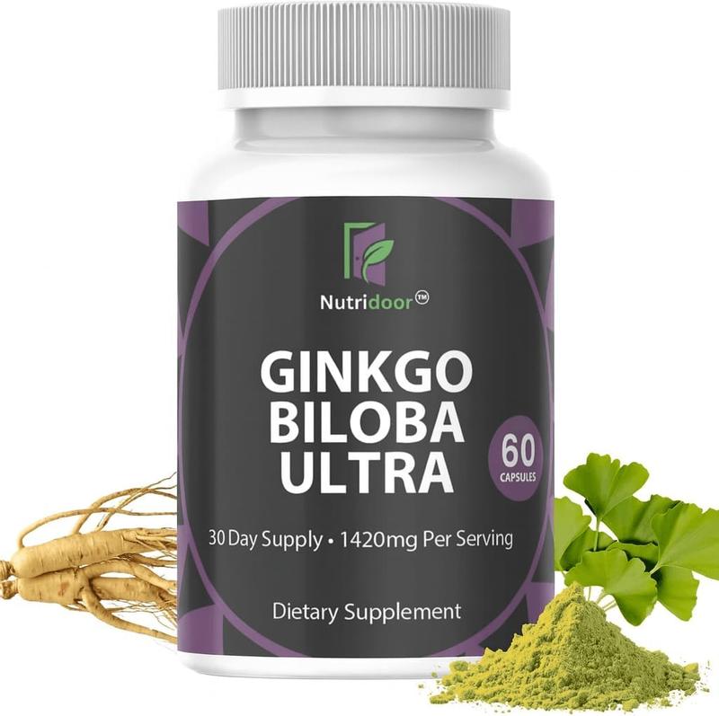 Ginkgo Biloba Ultra with Red Asian Ginseng 1420mg 60 Vegetarian Capsules Memory Focus Support Supplement Herbal Blend