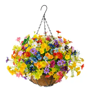 RZHfffhua Artificial Flower Hanging Basket with Wild Chrysanthemum Outdoor/Indoor, Artificial Butterfly in Cacao Coconut Lined Basket with Patio Lawn Garden Decoration(Multicolor)