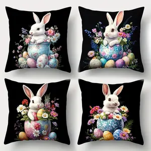 4pcs Soft Easter Throw Pillow Covers Set | Bunny & Egg Designs, Perfect for Sofa, Bed, Office Decor, Contemporary Style, Single-sided Printing, No Pillow Insert