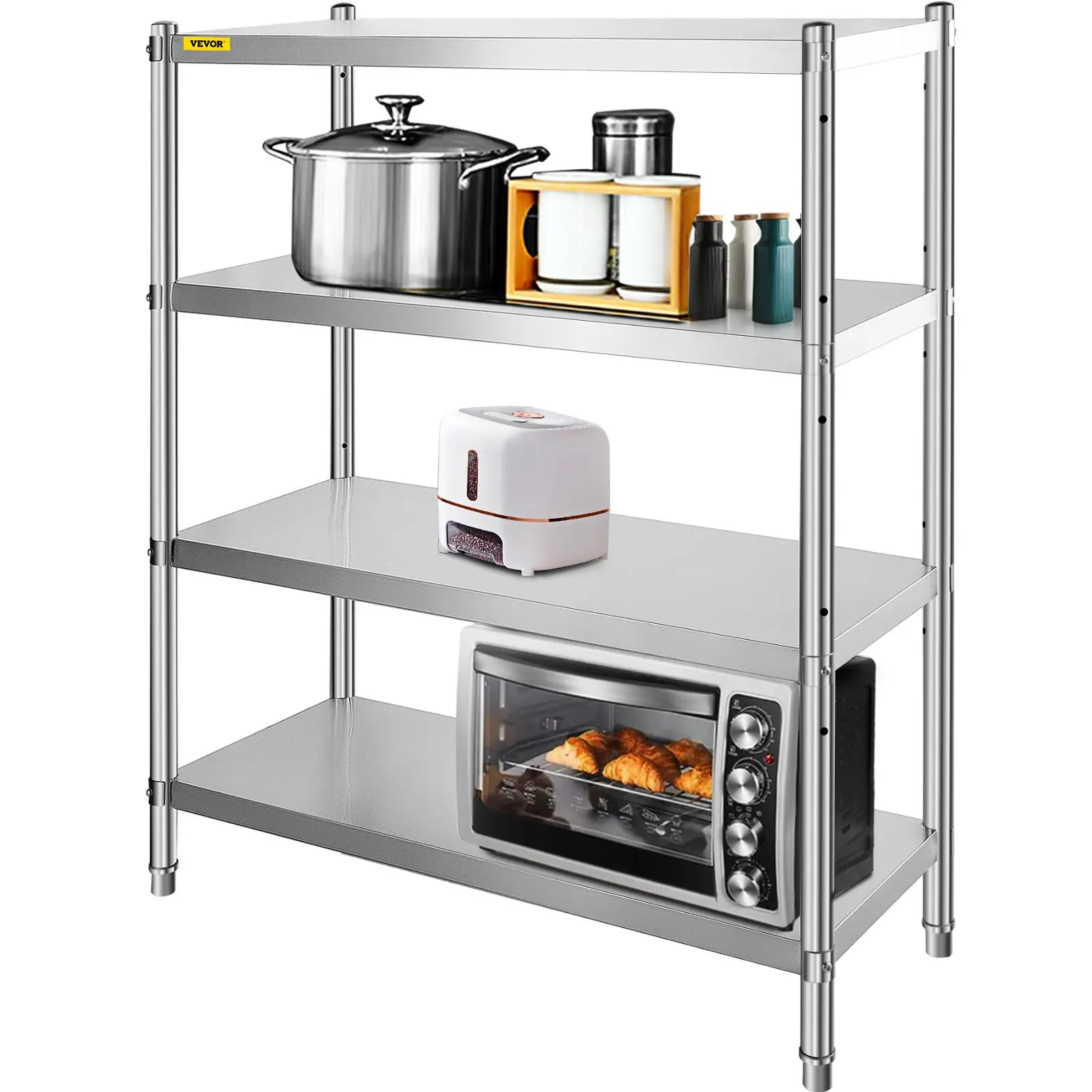 VEVOR 4-Tier Adjustable Stainless Steel Shelving Unit - 46.8x18.5in Heavy-Duty Anti-Rust Brushed Finish Organizer, 330 lbs Per Shelf Standing Rack for Kitchen Utensils Holder, Car Service Kit Storage, Adjustable Metal Stand