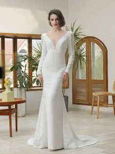 Women's Longsleeves Low V-Neck Crepe Fit & Flare Wedding Gown - Lace Panels, Chapel Train | Silvia