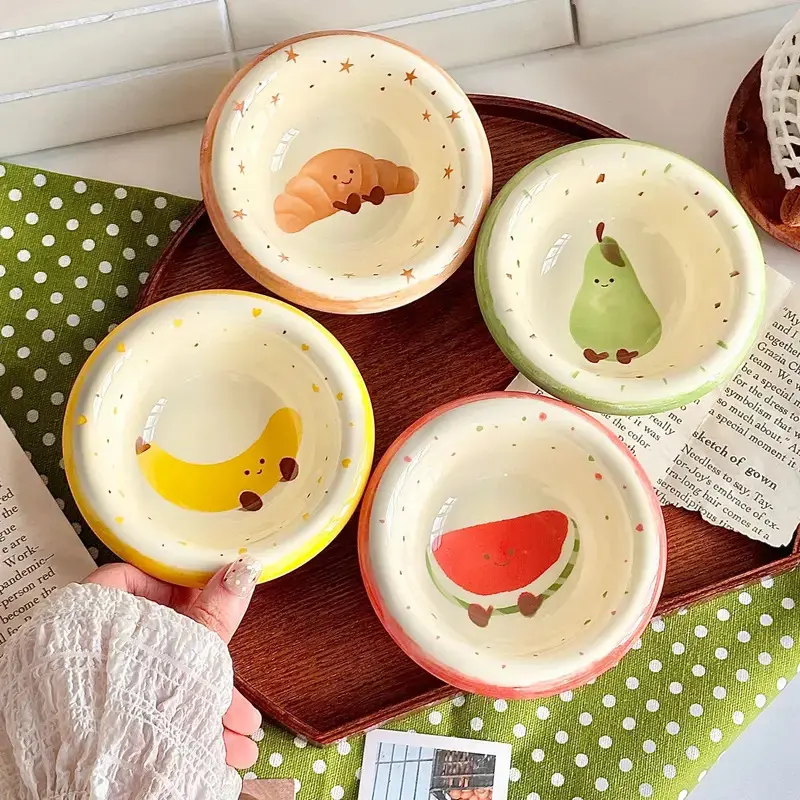 4Pcs Creative Cute Fruit Croissant Ceramic Sauce Dishes Household Seasoning Dish Snack Plates Decorative Plates Fruit Sushi Bowl Kitchen Tableware Home Dinnerware Set Ceramics Plate