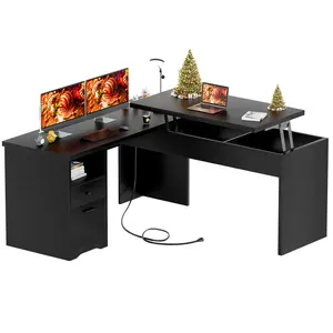 L Shaped Standing Desk with Power Outlets, Large Corner Computer Desk for Home Office with Drawers and Storage, Lift Top Workstation with USB Charging