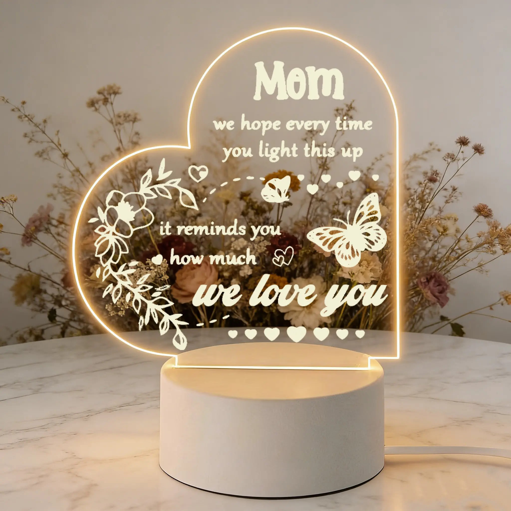 Floral & Butterfly Heart LED Night Light with "We Love You Mom" Quote - Creative LED Lighting, Electronic Flower Lamp, Atmosphere Lighting for Kids' Rooms, Soft Glow Bedroom Decor, Thoughtful Thank You Gift