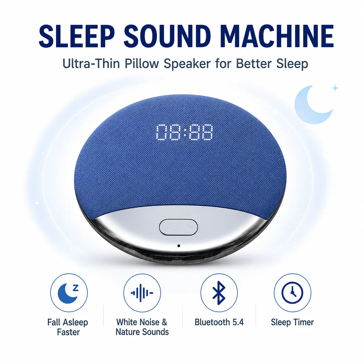Bluetooth 5.4 Pillow Speaker for Sleeping, Ultra-Thin Under Pillow Sleep Speaker with White Noise & Nature Sounds, 30/60/90 Min Timer, TF Card, USB-C Rechargeable, Portable Sleep Sound Machine for Side Sleepers, Travel & Dorm