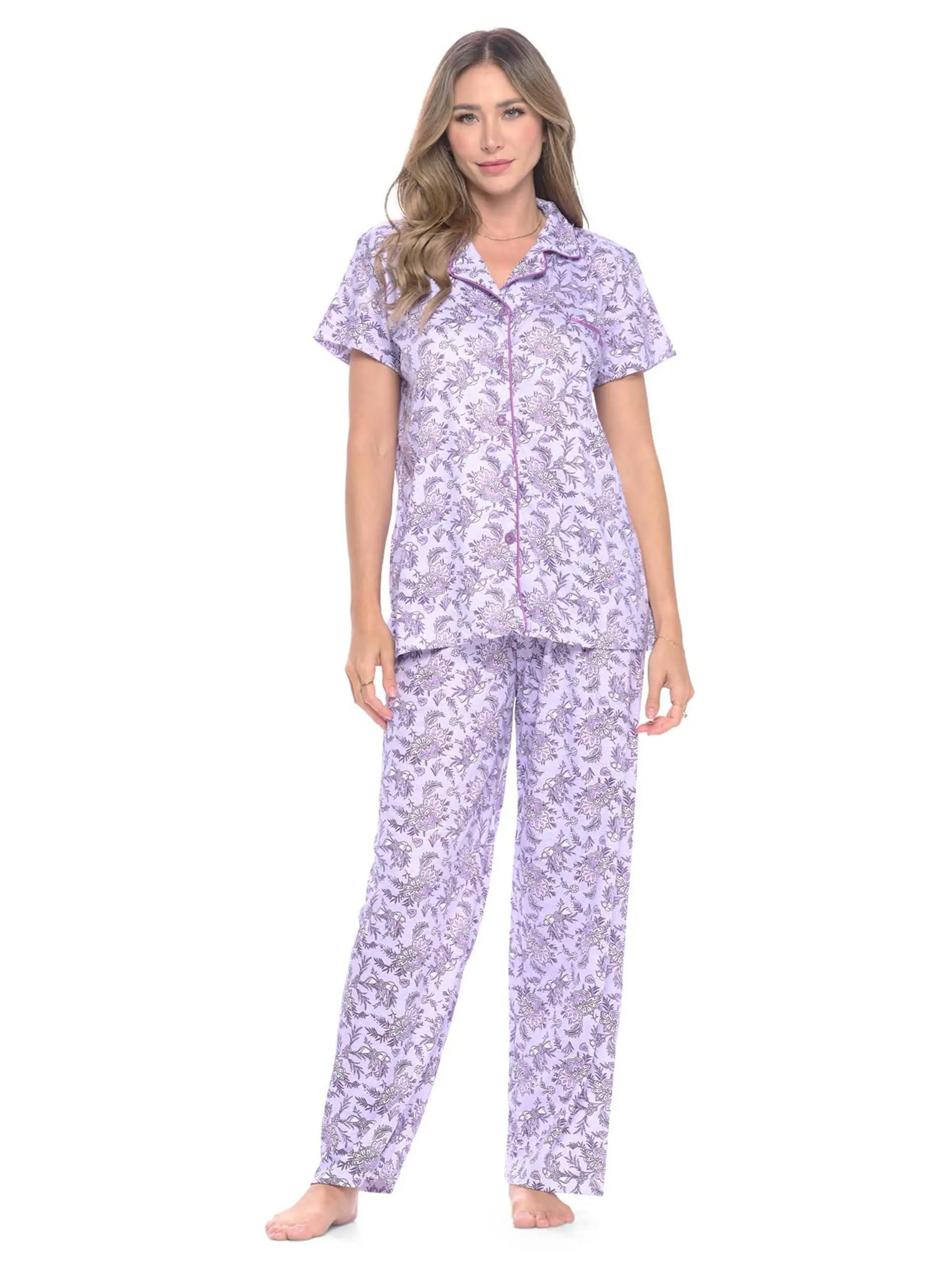 Casual Nights Women's 2-Piece Floral Cotton Knit Pajama Set, Comfortable Short Sleeve Button-Down Top and Pants for Sleepwear & Loungewear, Sleeve Shirt, Fit, Lady, Plus Size, Straight Pants, Pajamas Sets, 3X, Floral Print, Elastic Waist, Cotton Blend, Mu