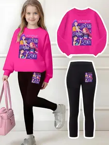 Girls' Kpop Champion Girl Print Set, Casual Sportswear & Bottoms, Elastic Waist Pants, Trendy Kids Clothing, Perfect Christmas Gift