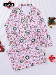 2-piece set full of bow garlands, Christmas tree prints, Christmas long sleeves, long pants, striped cuffs, collar, top, small pockets, elastic waistband, button closure, suitable for all seasons home wear, Loungewear, pajamas