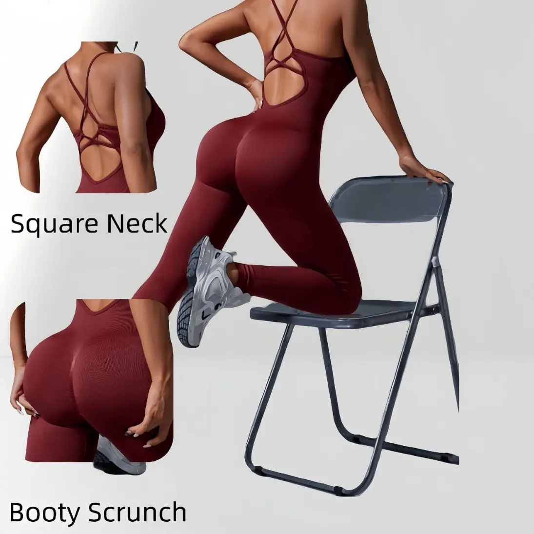 Women's Seamless Body-Hugging Sports Jumpsuit with Back Cross Adjustable Waist Belt, Built-in Bra & Long Pants - for Yoga, Running