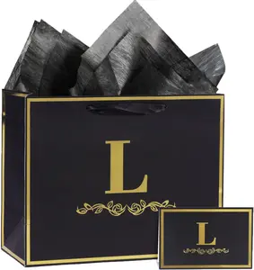 Alphabet Birthday  Bag with Card and Tissue Paper for Men Women, 13" Large Black  Personalized Bridal Party  Paper Bag for Gifts Wrapping - (Letter L)