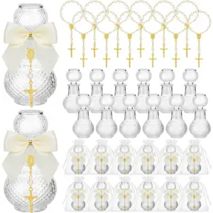 24 Pcs 12 Sets Holy Water Bottles Baptism Favors for Guest Holy Water Container with Cross Rosary Organza Bag Bow 50ml Glass Empty Container for Communion Christian Wedding (Delicate,White)