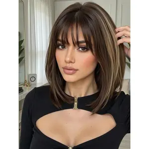 Short Wig, 12 Inch with Bangs, Straight Bob Style, Heat Resistant Full Wig, Rose Network Breathable for Natural Looking Wig, Straight Synthetic Wigs