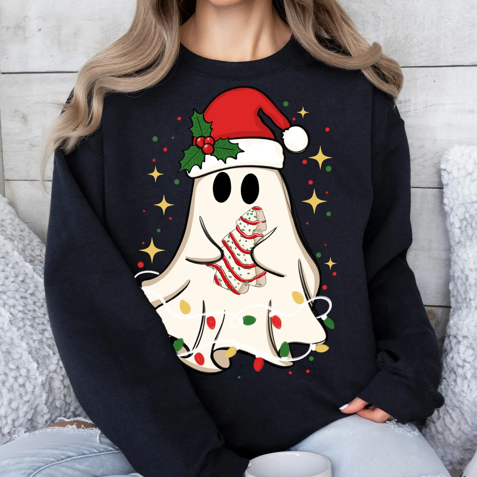 Christmas Ghost Sweatshirt – Cute Holiday Ghost with Tree Cake and Lights