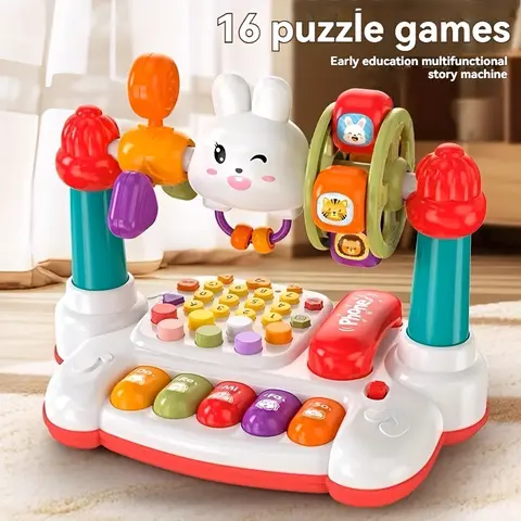 Interactive Music Keyboard & Telephone Toy with 16 Puzzle Games, Rhythm Light Song Game, Animal Sounds, Learning Toy for Boys & Girls