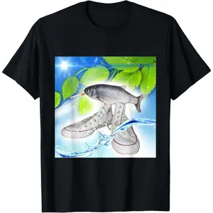 Men's a fish smoking a cigarette while standing on sneakers in a water splash with leaves and sky background Graphic T-Shirt - Short Sleeve Crew Neck Regular Fit Casual Wear