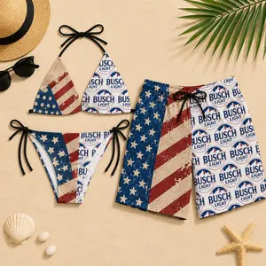 Busch Light Casual Beach Vintage Flag Matching Couple Swimwear Set – Stars and Stripes Bikini & Patriotic Mesh Shorts Beach Outfit, Women's Triangle String Bikini & Men's Quick Dry Beach Shorts Patriotic Summer Swimsuit
