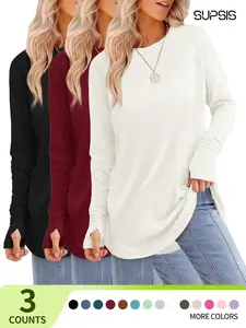 Women's Casual Loose-Fit Tunic Top, Long Sleeve Thumbhole Shirt, Crew Neck Design, All-Season Comfortable Fabric,TikTokShopBlackFriday,#BlackFriday#