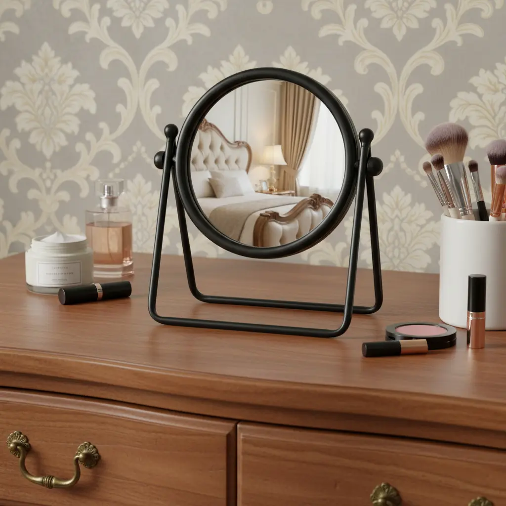 HomeRoots 716309 10 in. Black Glass Metal-Edge Tabletop Mirror - Adjustable Stand, Round Base Standing Mirror for Makeup, Shaving, Metal Edge Tabletop Mirrors
