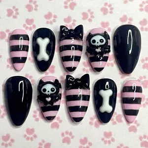Spooky Y2K Nails, Spooky Cute Halloween Nail Idea, Goth Kawaii Pink Black Striped 3D Press On Nails, Cute Skeleton, Bow & Bone Charms, Spooky Cute Halloween Nail Idea, Reusable Handmade Nail Art, Edgy Kawaii Style, Perfect for Halloween