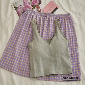 Comfy Padded Tank Shorts Set / Gray Top + Purple Gingham