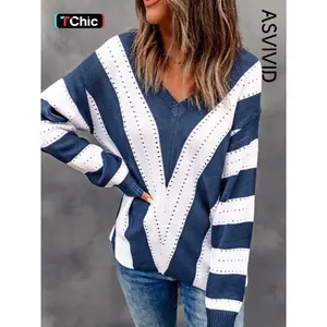Women’s colorblock striped print drop shoulder sweater, casual long sleeve V-neck jumper for fall and winter, fashionable ladies’ knitwear for everyday wear