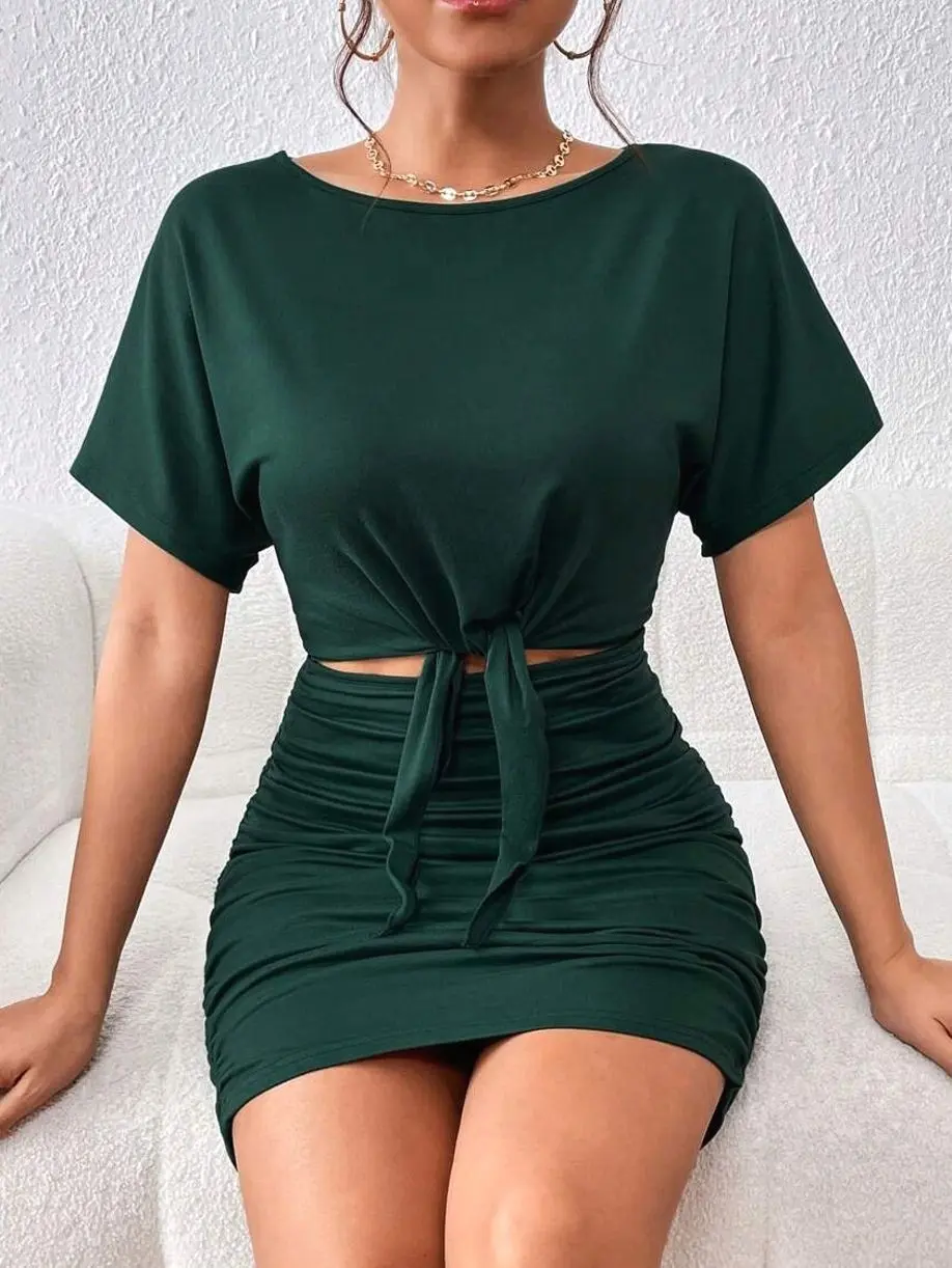 Cut Out Knot Front Ruched Batwing Sleeve Dress, Trendy Summer Mini Going Out Outfit