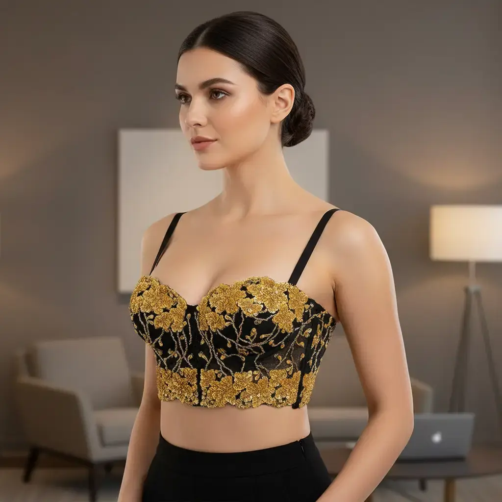 Golden beaded bra crop top half corset bustier. Casual Floral Black for wedding prom belly dance costume Womenswear Tube Gorgeous